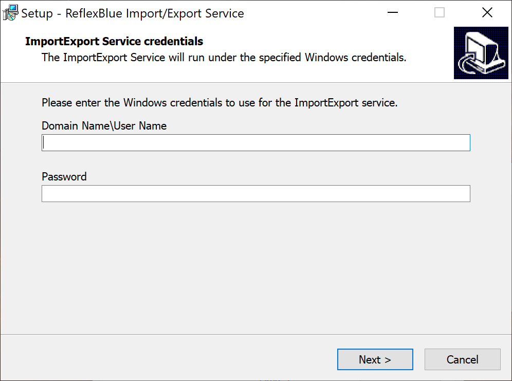 Import/Export Service installatiescherm