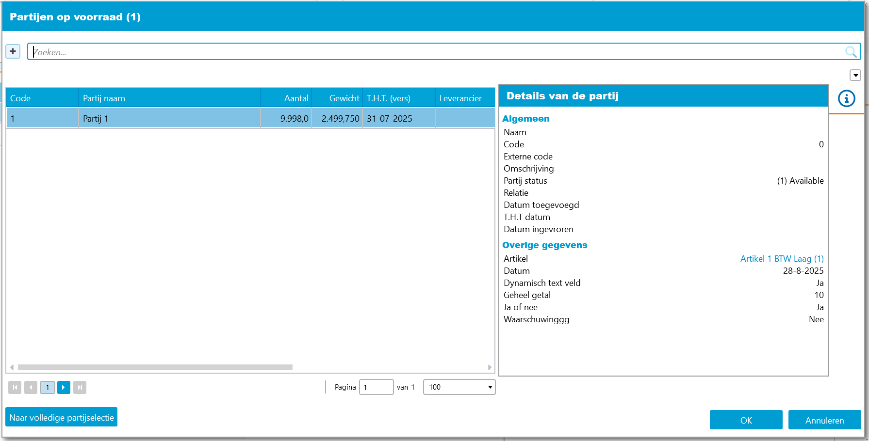 Partijen selectiescherm in de ReflexBlue Desktop Client