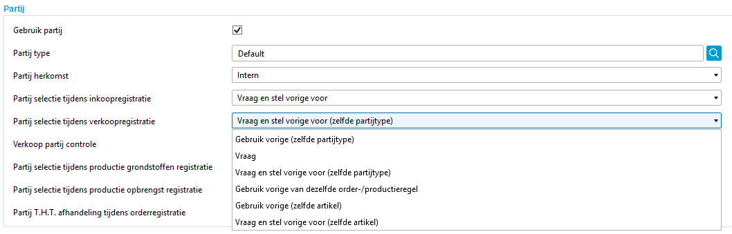 Partij selectie opties tijdens verkoopregistratie