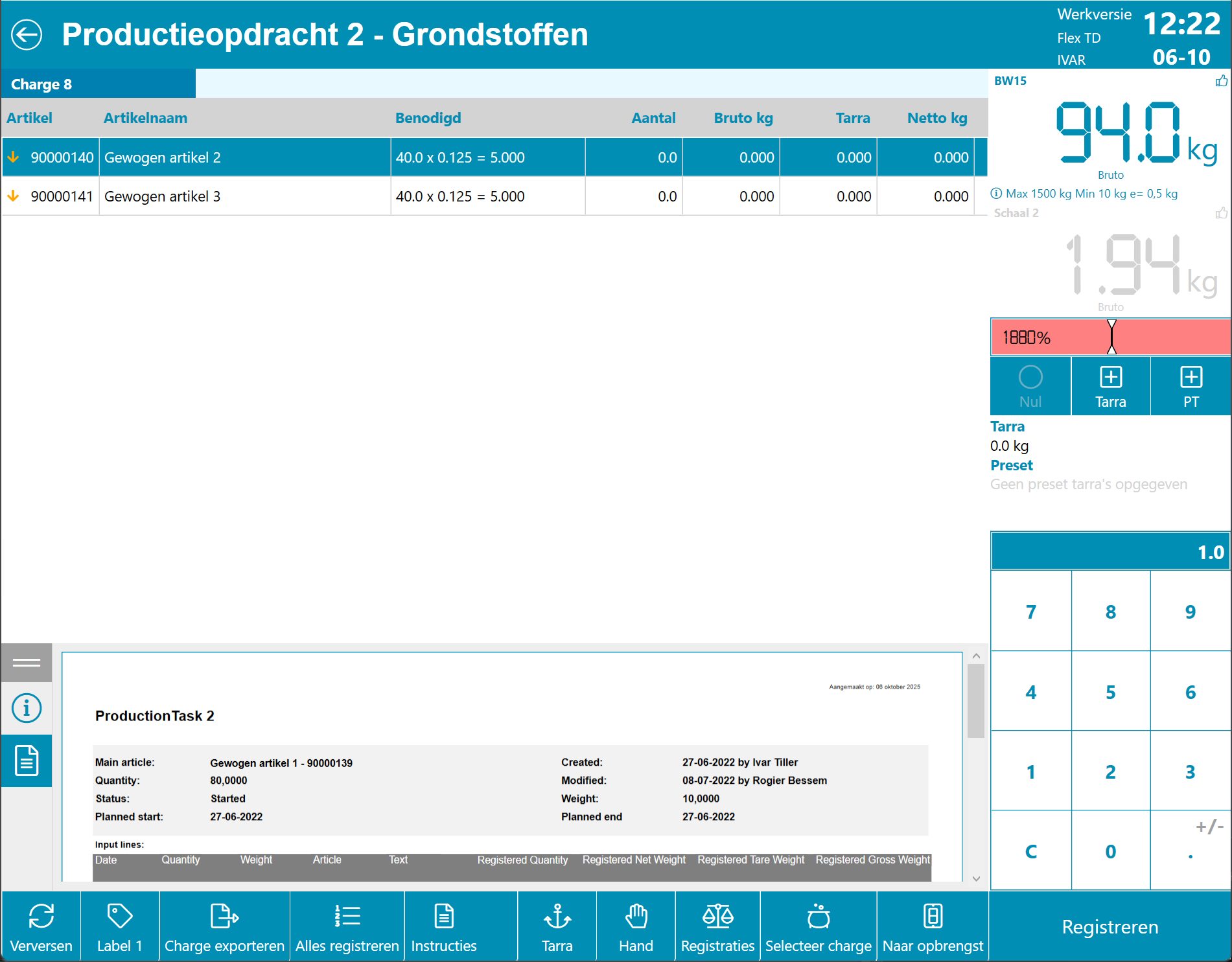 Productieopdracht scherm op de Flex 3000